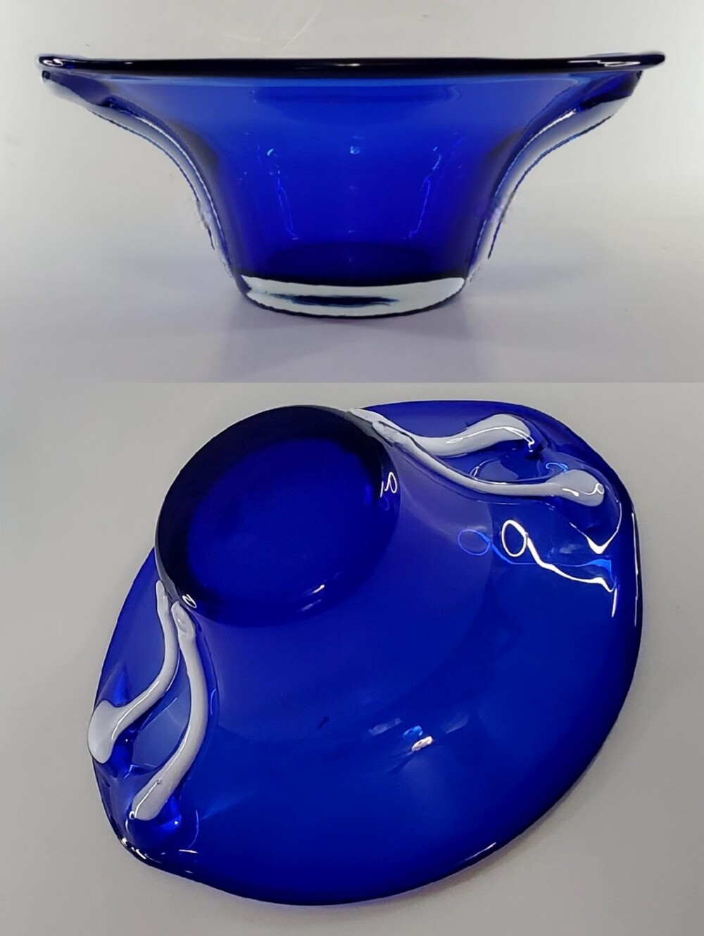 10 1/4" Bright Cobalt Blue White Cased Art Glass Free-form Bowl - Picture 12 of 16